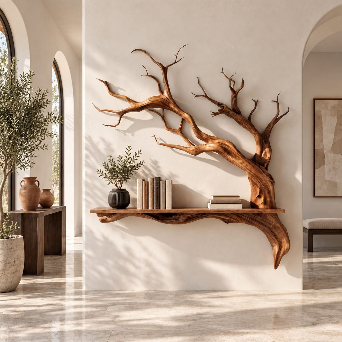 Tree Branch Wall Shelf, Sculptural Solid Wood Floating Shelf with Driftwood Style Branches for Entryway