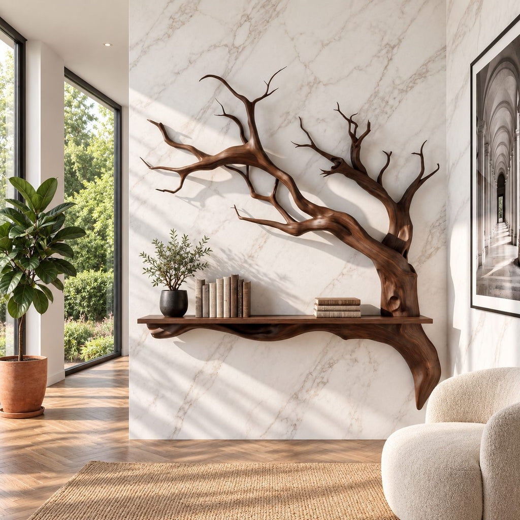 Tree Branch Wall Shelf, Sculptural Solid Wood Floating Shelf with Driftwood Style Branches for Entryway