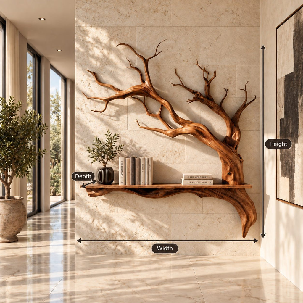 Tree Branch Wall Shelf, Sculptural Solid Wood Floating Shelf with Driftwood Style Branches for Entryway