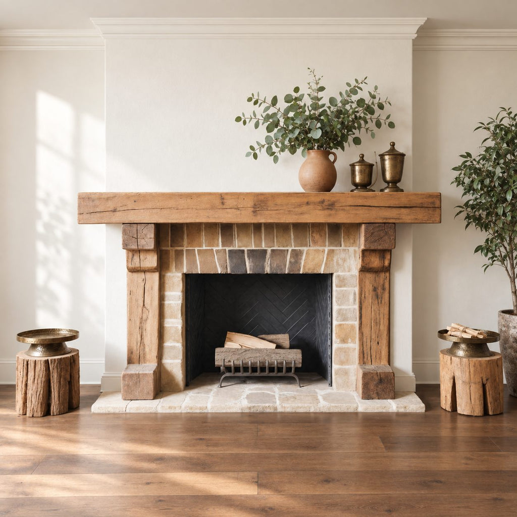 Post and Beam Mantel Surround, Rustic Solid Wood Fireplace Mantel with Two Timber Legs