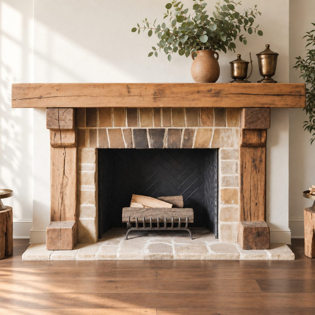 Post and Beam Mantel Surround, Rustic Solid Wood Fireplace Mantel with Two Timber Legs