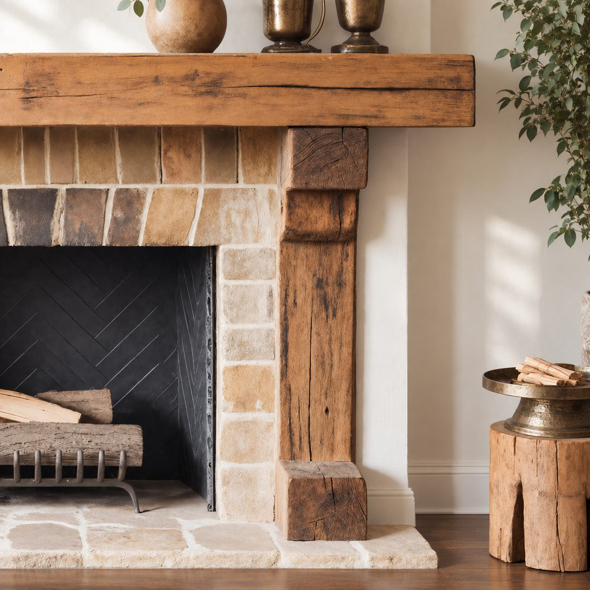 Post and Beam Mantel Surround, Rustic Solid Wood Fireplace Mantel with Two Timber Legs