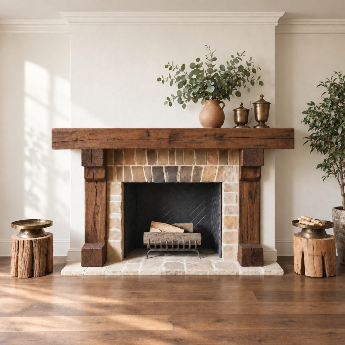 Post and Beam Mantel Surround, Rustic Solid Wood Fireplace Mantel with Two Timber Legs