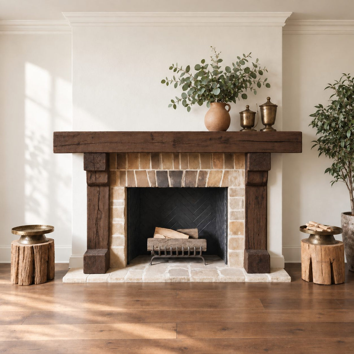 Post and Beam Mantel Surround, Rustic Solid Wood Fireplace Mantel with Two Timber Legs