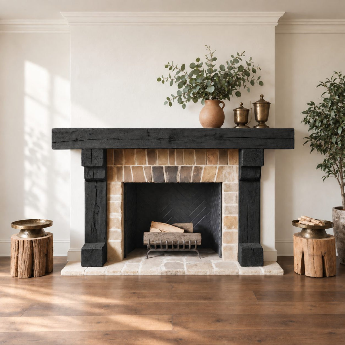 Post and Beam Mantel Surround, Rustic Solid Wood Fireplace Mantel with Two Timber Legs