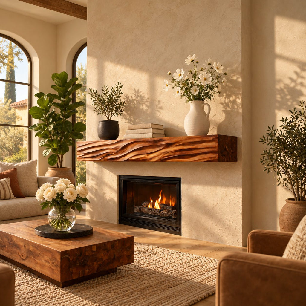 Deep Wave Carved Fireplace Mantel Shelf, Floating Solid Wood Mantel Beam with Flowing Swells