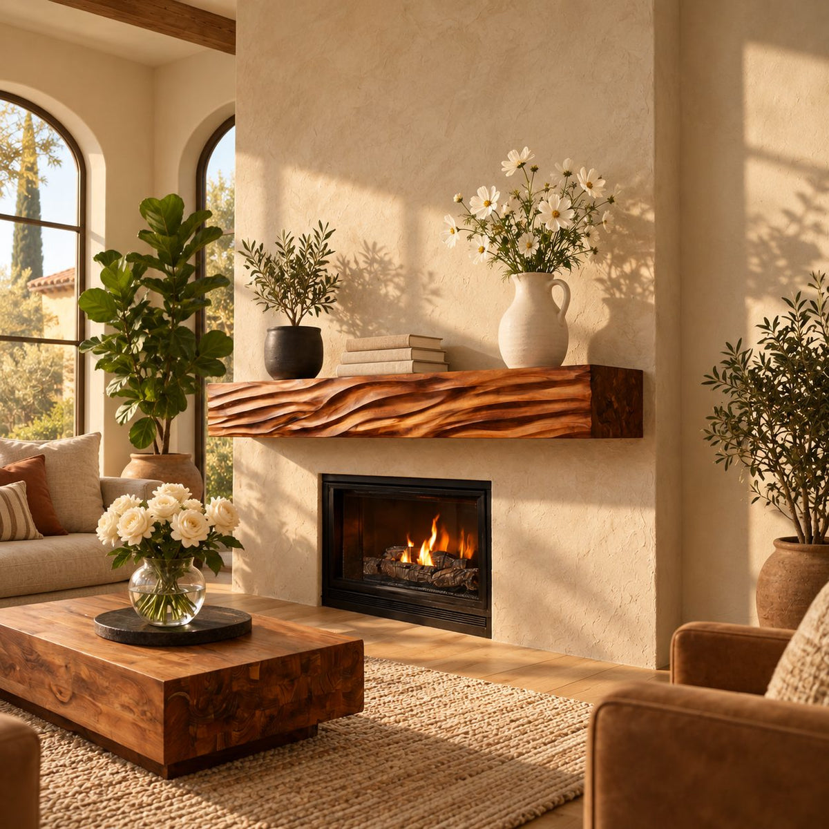 Deep Wave Carved Fireplace Mantel Shelf, Floating Solid Wood Mantel Beam with Flowing Swells