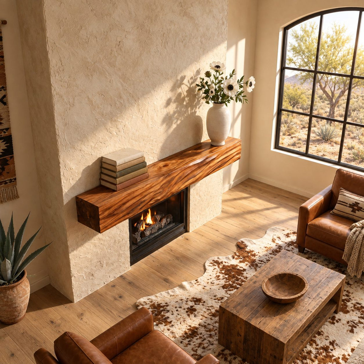 Deep Wave Carved Fireplace Mantel Shelf, Floating Solid Wood Mantel Beam with Flowing Swells
