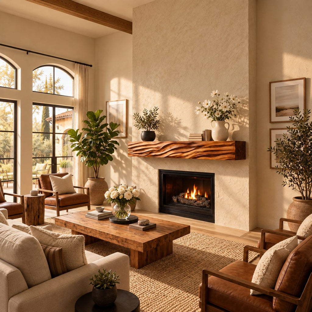 Deep Wave Carved Fireplace Mantel Shelf, Floating Solid Wood Mantel Beam with Flowing Swells