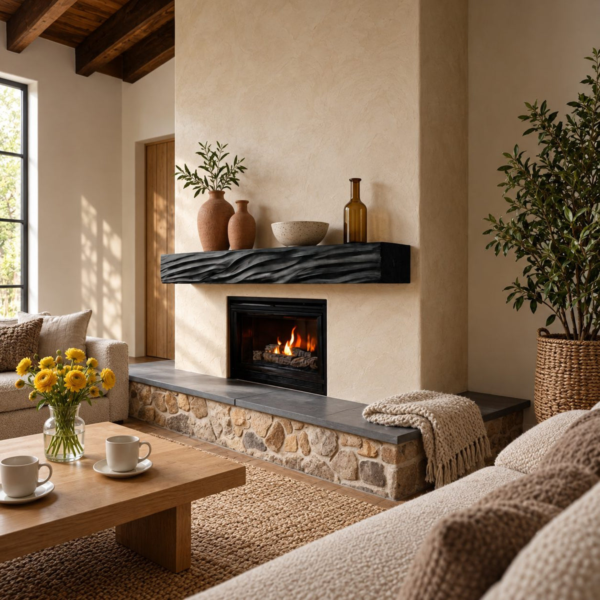 Deep Wave Carved Fireplace Mantel Shelf, Floating Solid Wood Mantel Beam with Flowing Swells