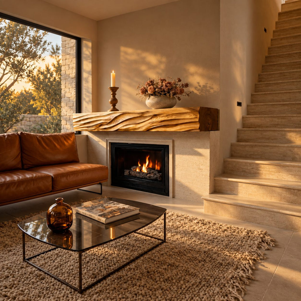 Deep Wave Carved Fireplace Mantel Shelf, Floating Solid Wood Mantel Beam with Flowing Swells
