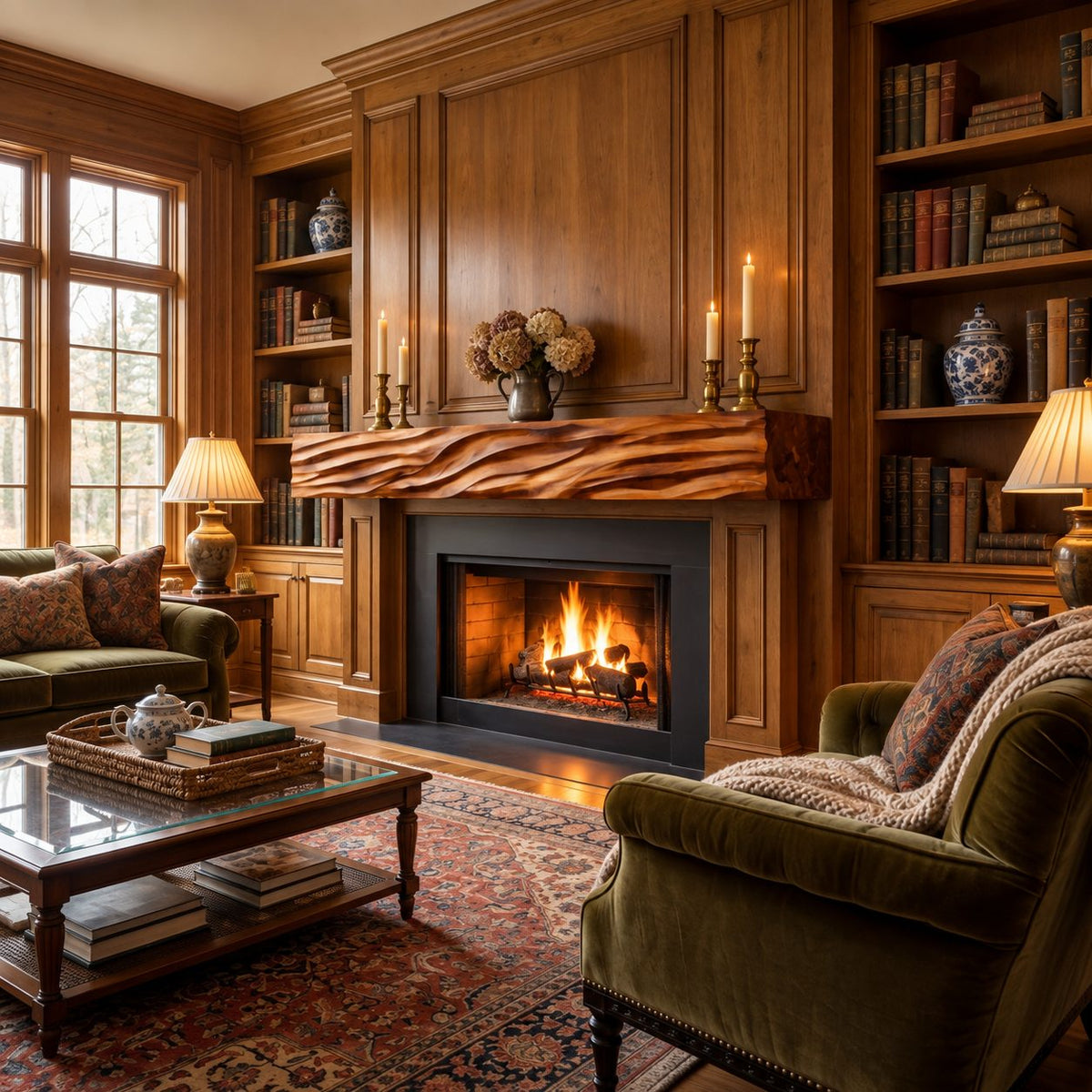Deep Wave Carved Fireplace Mantel Shelf, Floating Solid Wood Mantel Beam with Flowing Swells