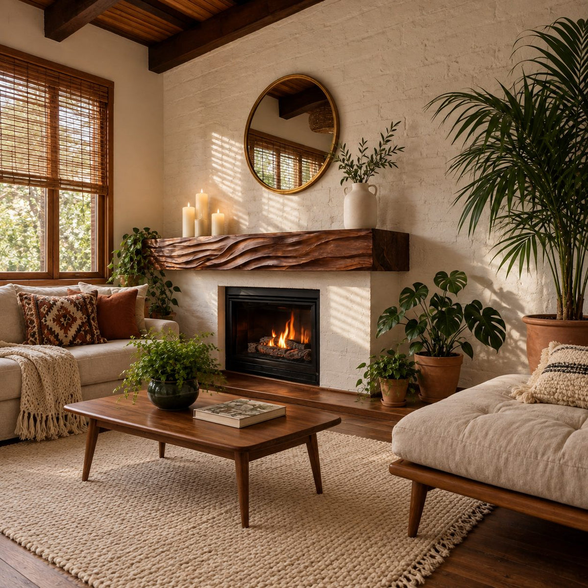 Deep Wave Carved Fireplace Mantel Shelf, Floating Solid Wood Mantel Beam with Flowing Swells