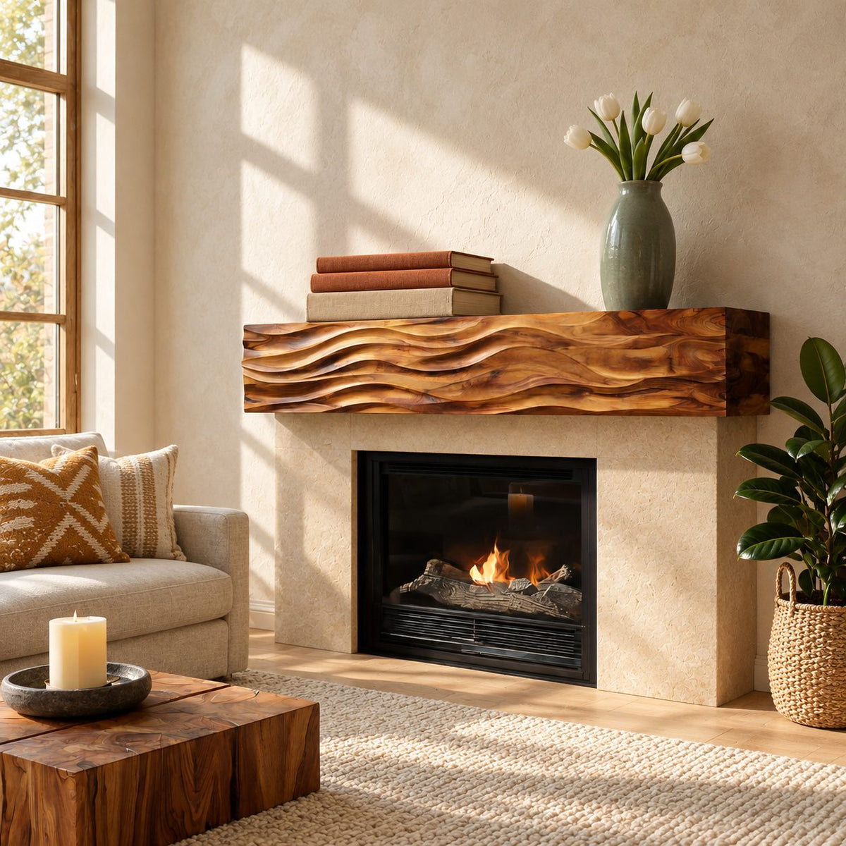 Ripple Carved Floating Mantel Shelf, Solid Wood Fireplace Beam with Even Parallel Wave Ridges