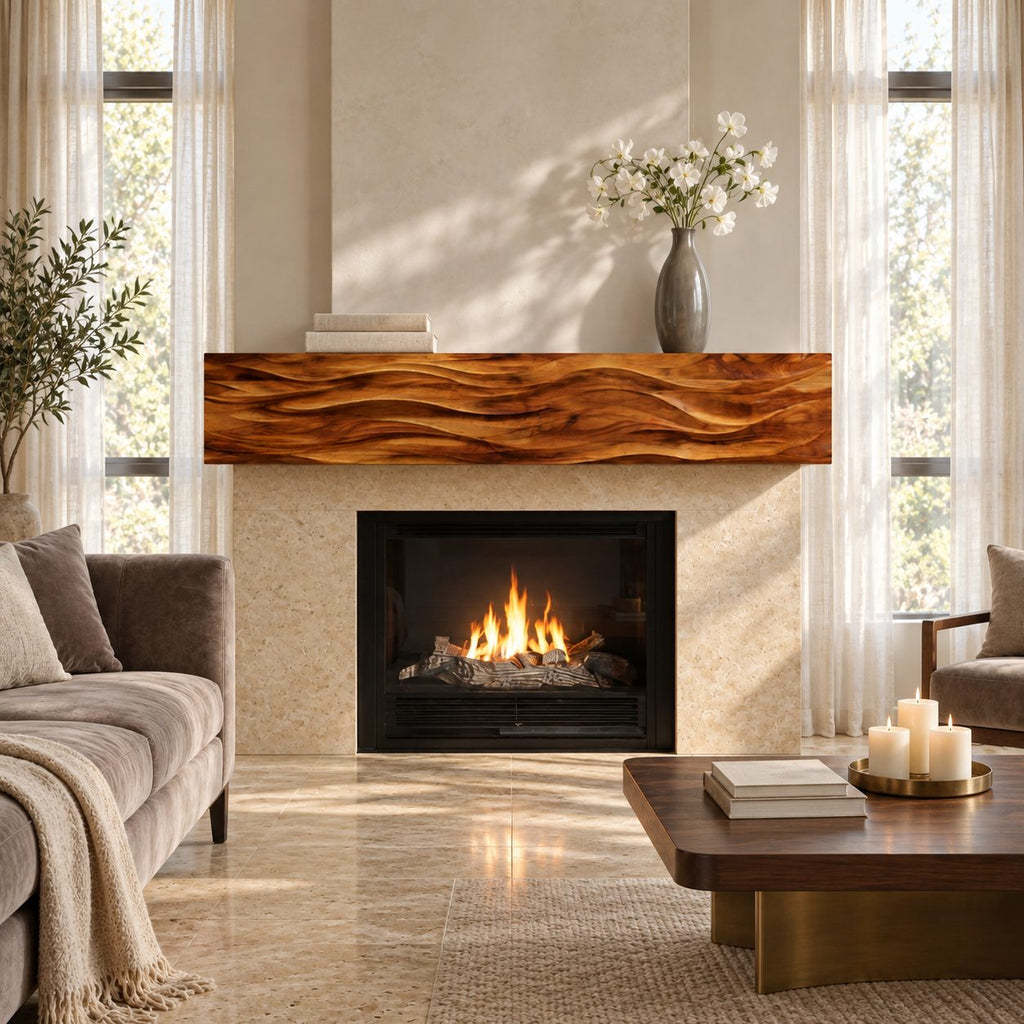 Ripple Carved Floating Mantel Shelf, Solid Wood Fireplace Beam with Even Parallel Wave Ridges