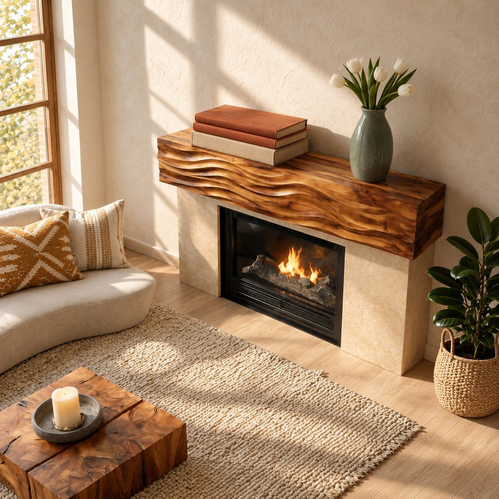 Ripple Carved Floating Mantel Shelf, Solid Wood Fireplace Beam with Even Parallel Wave Ridges