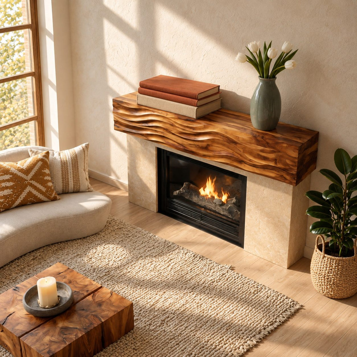 Ripple Carved Floating Mantel Shelf, Solid Wood Fireplace Beam with Even Parallel Wave Ridges