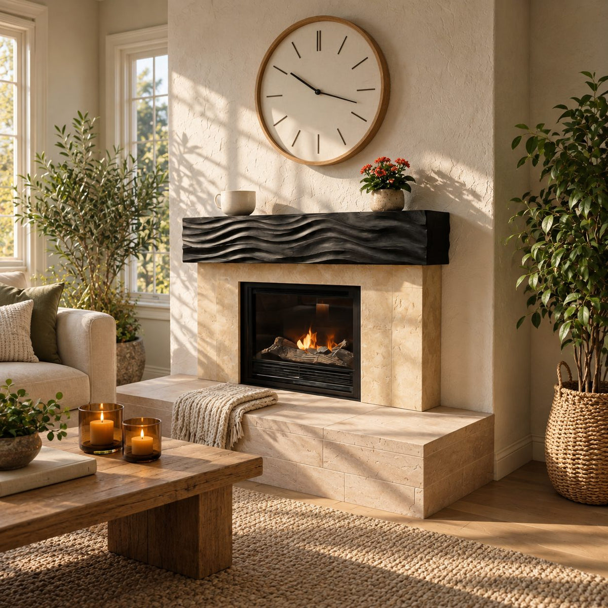 Ripple Carved Floating Mantel Shelf, Solid Wood Fireplace Beam with Even Parallel Wave Ridges