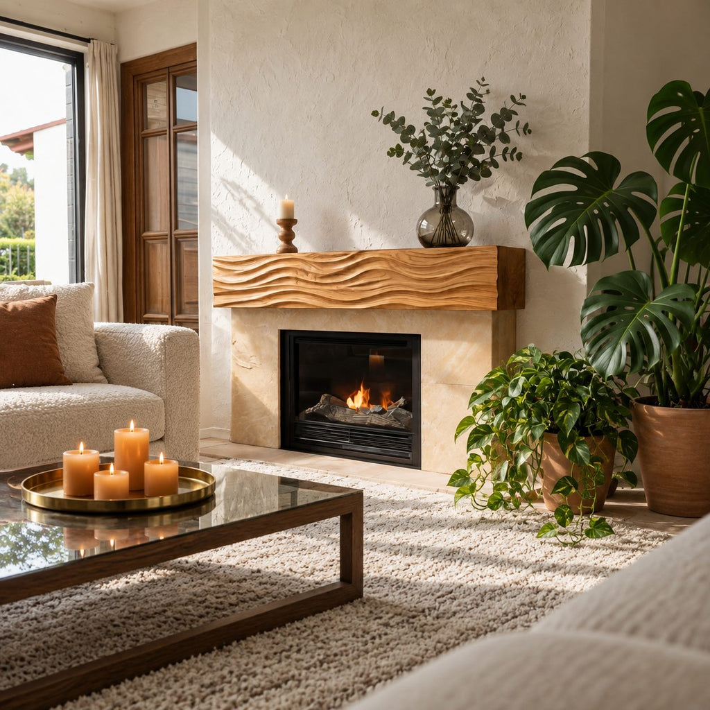 Ripple Carved Floating Mantel Shelf, Solid Wood Fireplace Beam with Even Parallel Wave Ridges