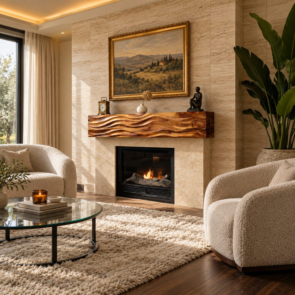 Ripple Carved Floating Mantel Shelf, Solid Wood Fireplace Beam with Even Parallel Wave Ridges