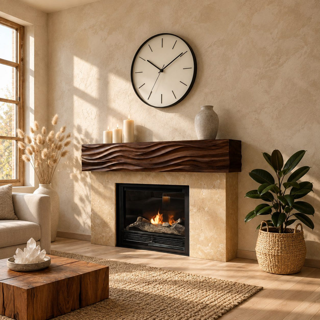 Ripple Carved Floating Mantel Shelf, Solid Wood Fireplace Beam with Even Parallel Wave Ridges