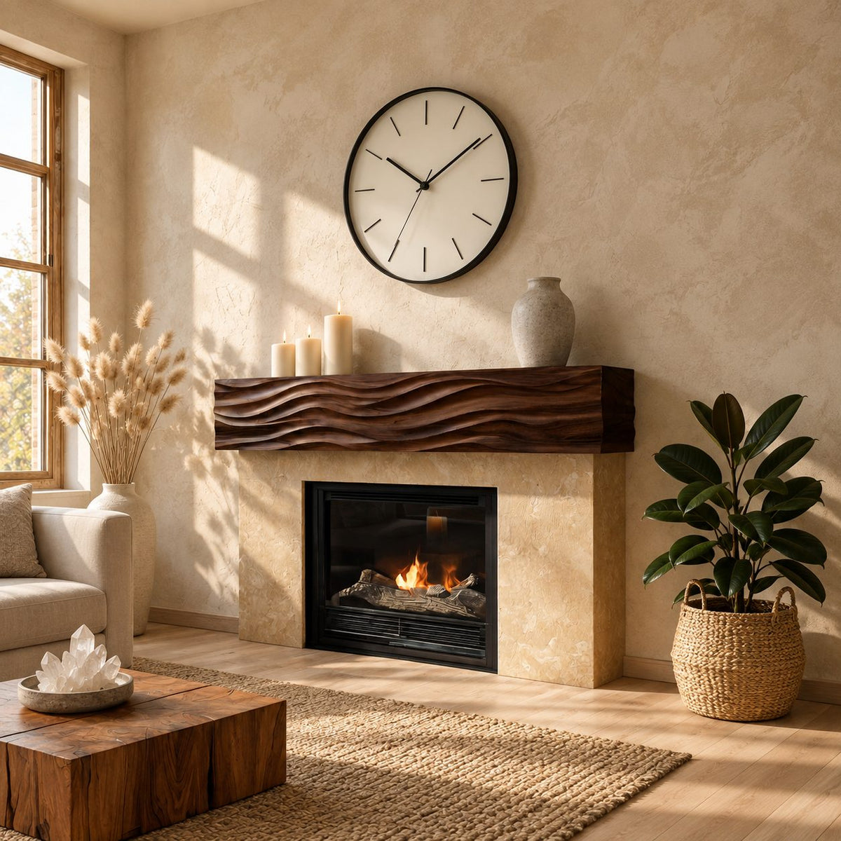 Ripple Carved Floating Mantel Shelf, Solid Wood Fireplace Beam with Even Parallel Wave Ridges