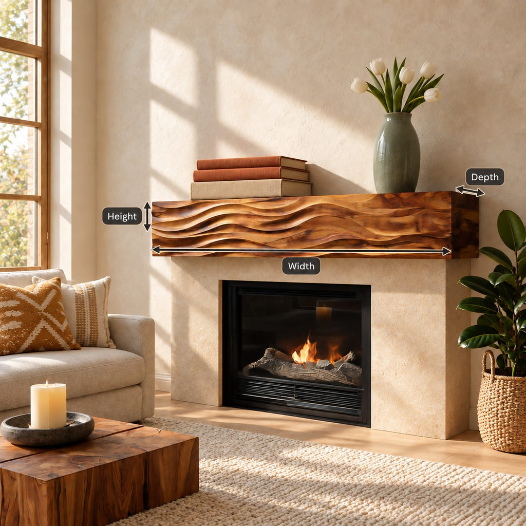 Ripple Carved Floating Mantel Shelf, Solid Wood Fireplace Beam with Even Parallel Wave Ridges