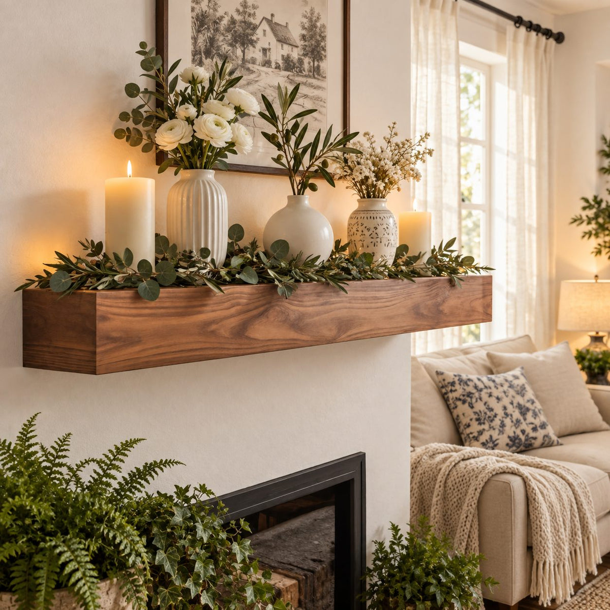 Smooth Timber Beam Mantel Shelf, Floating Solid Wood Fireplace Ledge for Holiday and Everyday Decor
