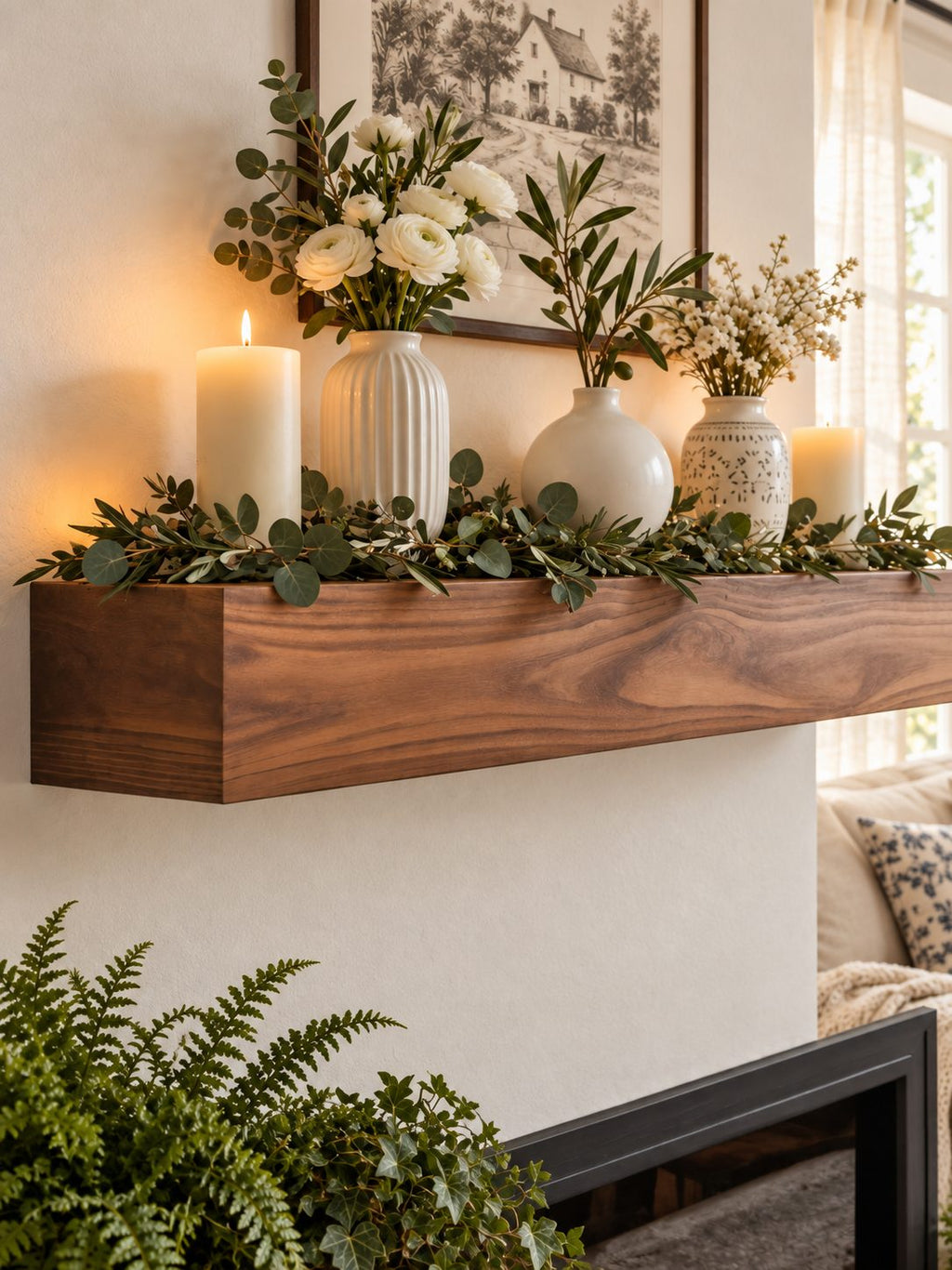 Smooth Timber Beam Mantel Shelf, Floating Solid Wood Fireplace Ledge for Holiday and Everyday Decor