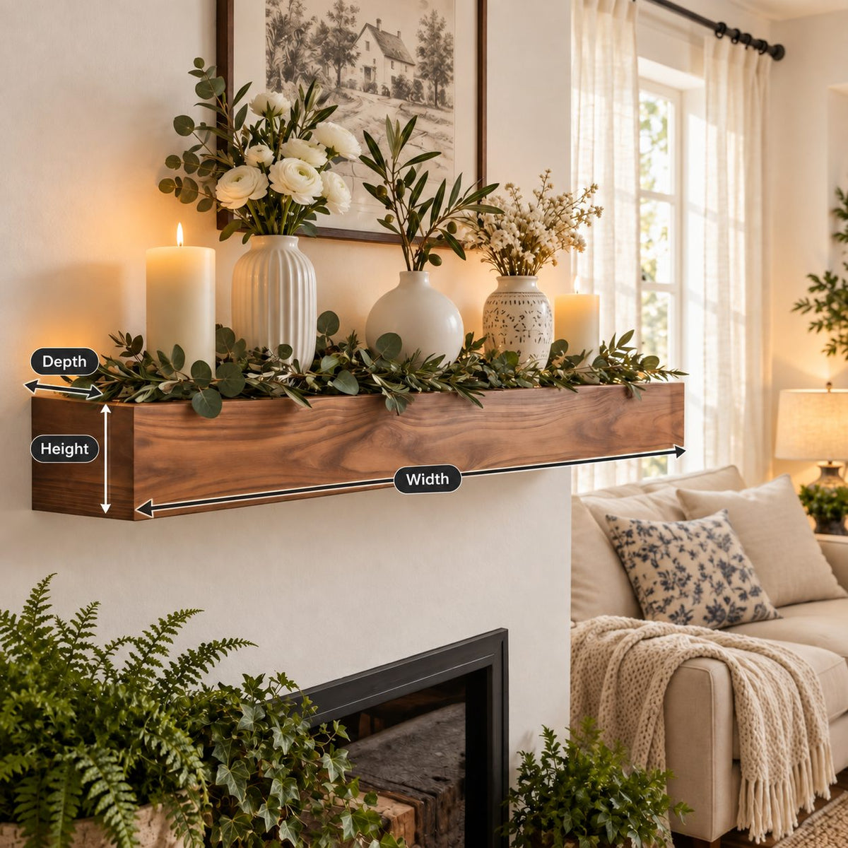 Smooth Timber Beam Mantel Shelf, Floating Solid Wood Fireplace Ledge for Holiday and Everyday Decor