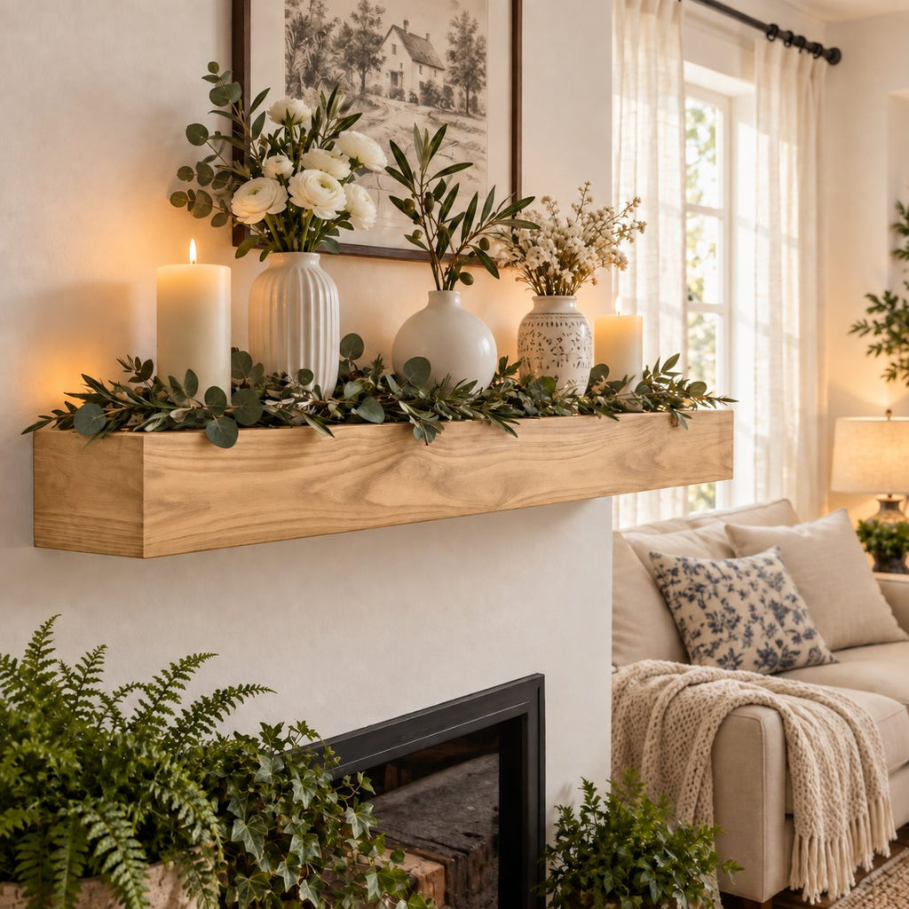 Smooth Timber Beam Mantel Shelf, Floating Solid Wood Fireplace Ledge for Holiday and Everyday Decor