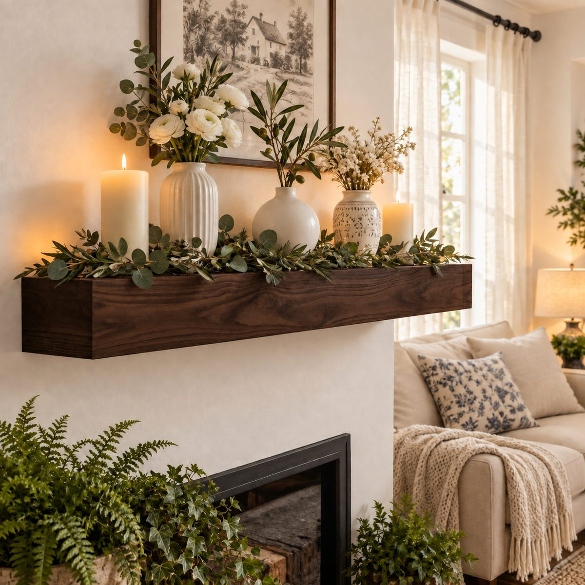 Smooth Timber Beam Mantel Shelf, Floating Solid Wood Fireplace Ledge for Holiday and Everyday Decor