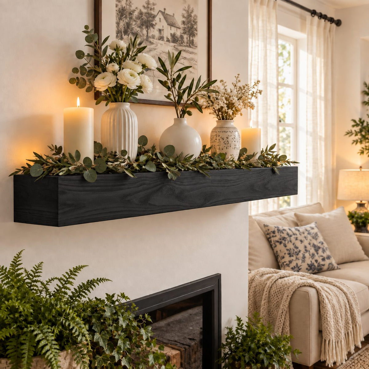 Smooth Timber Beam Mantel Shelf, Floating Solid Wood Fireplace Ledge for Holiday and Everyday Decor