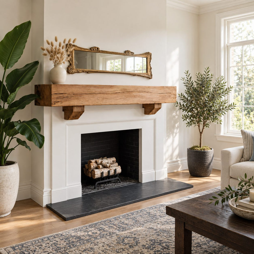 Corbel Bracket Mantel Shelf, Rustic Solid Wood Fireplace Beam with Two Stepped Corbels Underneath