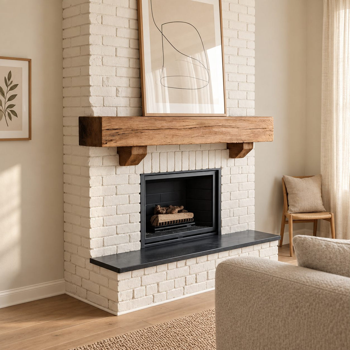 Corbel Bracket Mantel Shelf, Rustic Solid Wood Fireplace Beam with Two Stepped Corbels Underneath