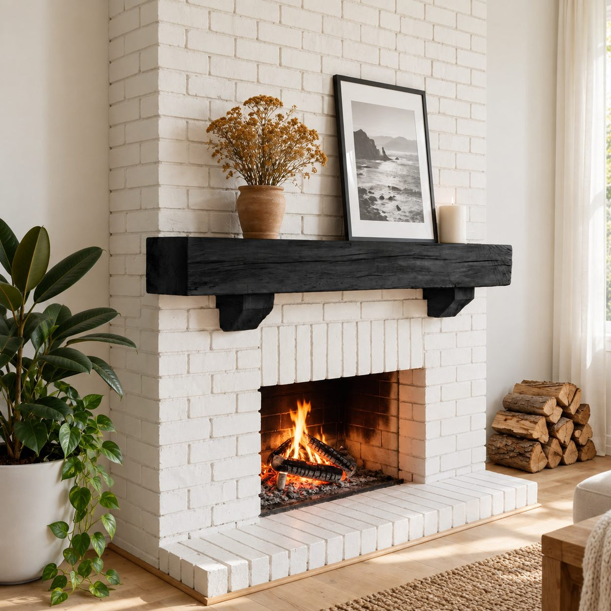 Corbel Bracket Mantel Shelf, Rustic Solid Wood Fireplace Beam with Two Stepped Corbels Underneath