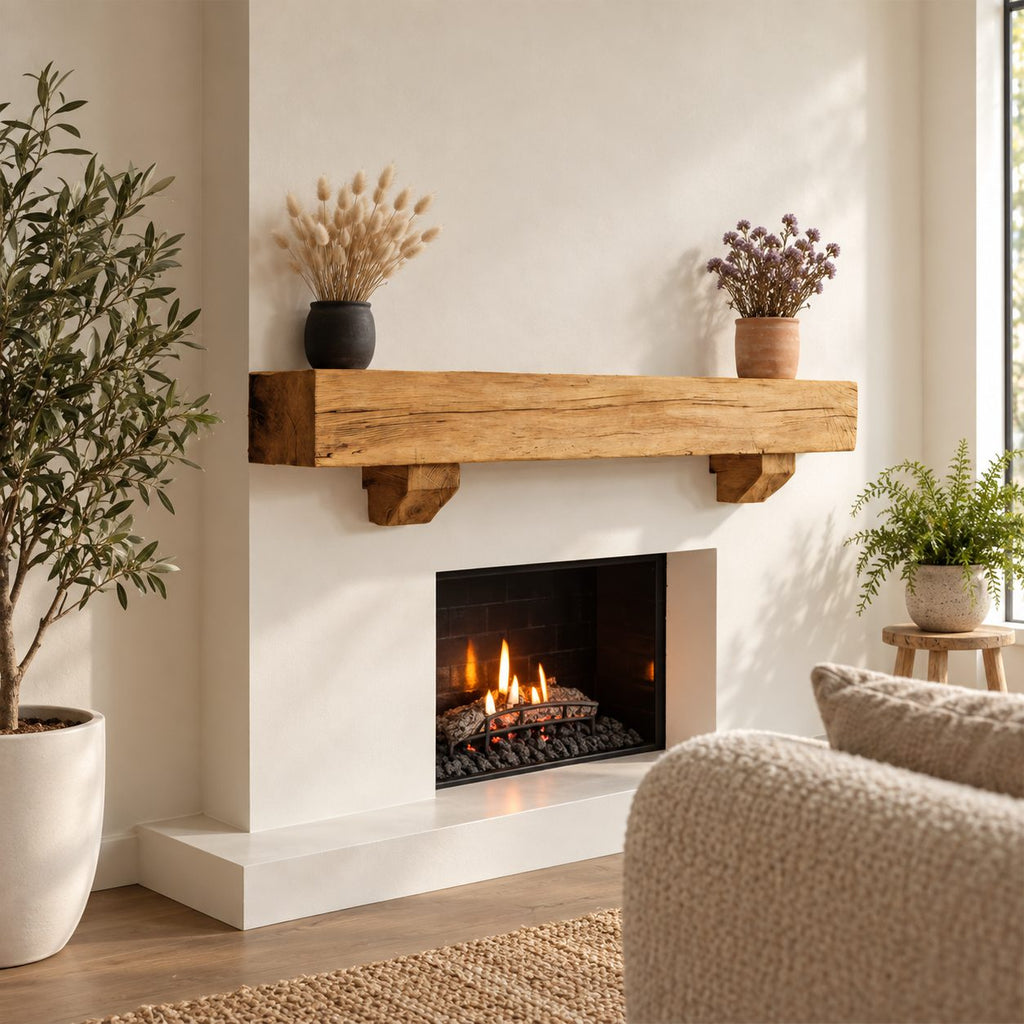 Corbel Bracket Mantel Shelf, Rustic Solid Wood Fireplace Beam with Two Stepped Corbels Underneath