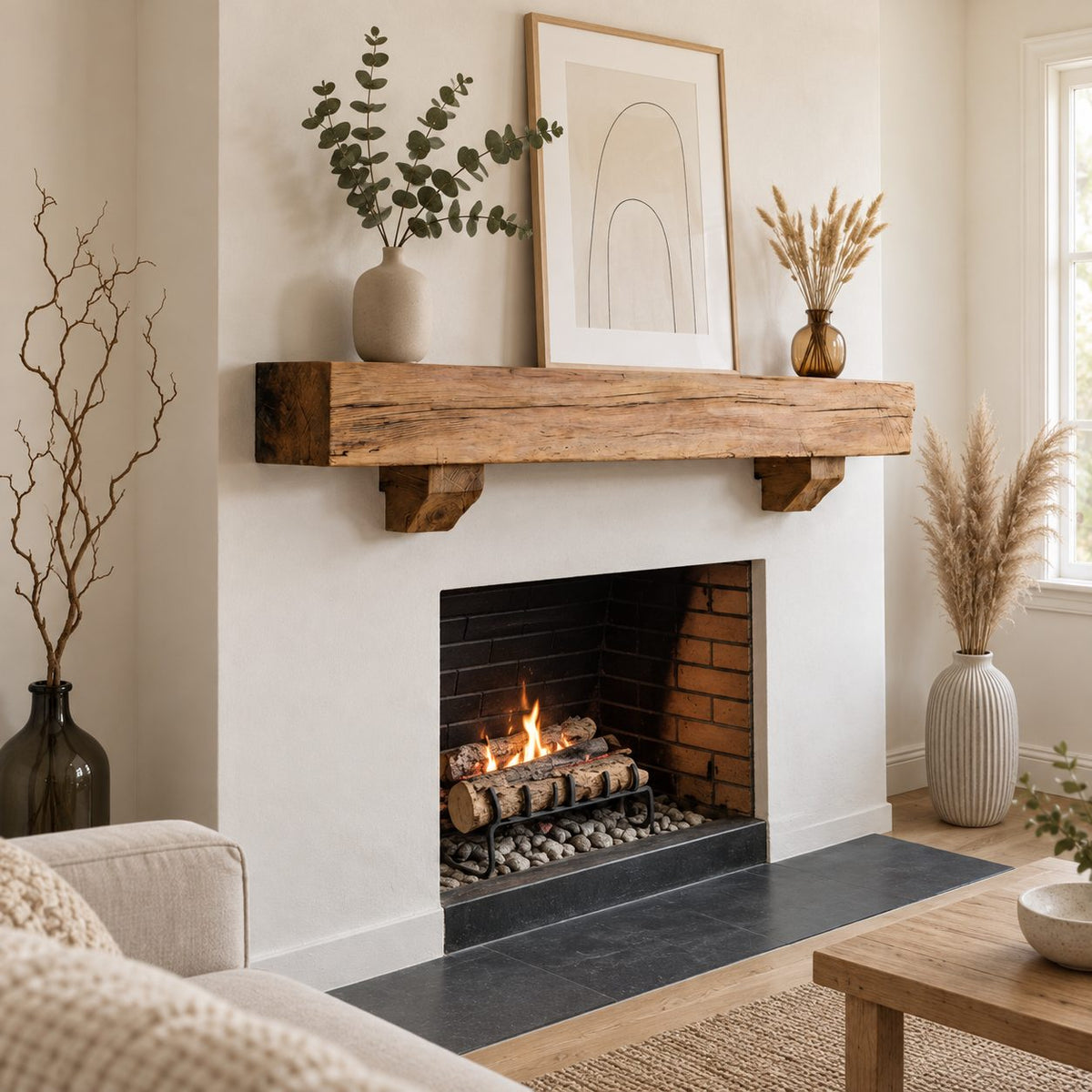 Corbel Bracket Mantel Shelf, Rustic Solid Wood Fireplace Beam with Two Stepped Corbels Underneath