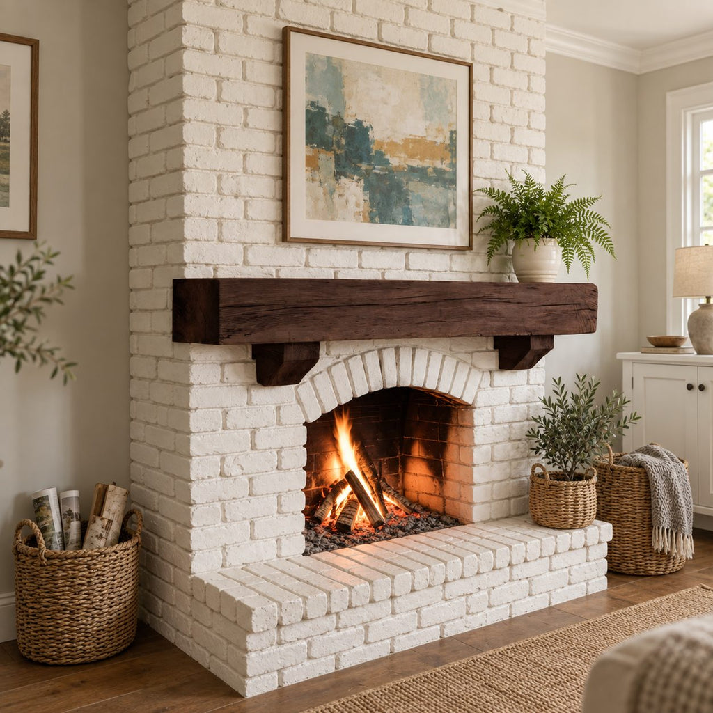 Corbel Bracket Mantel Shelf, Rustic Solid Wood Fireplace Beam with Two Stepped Corbels Underneath
