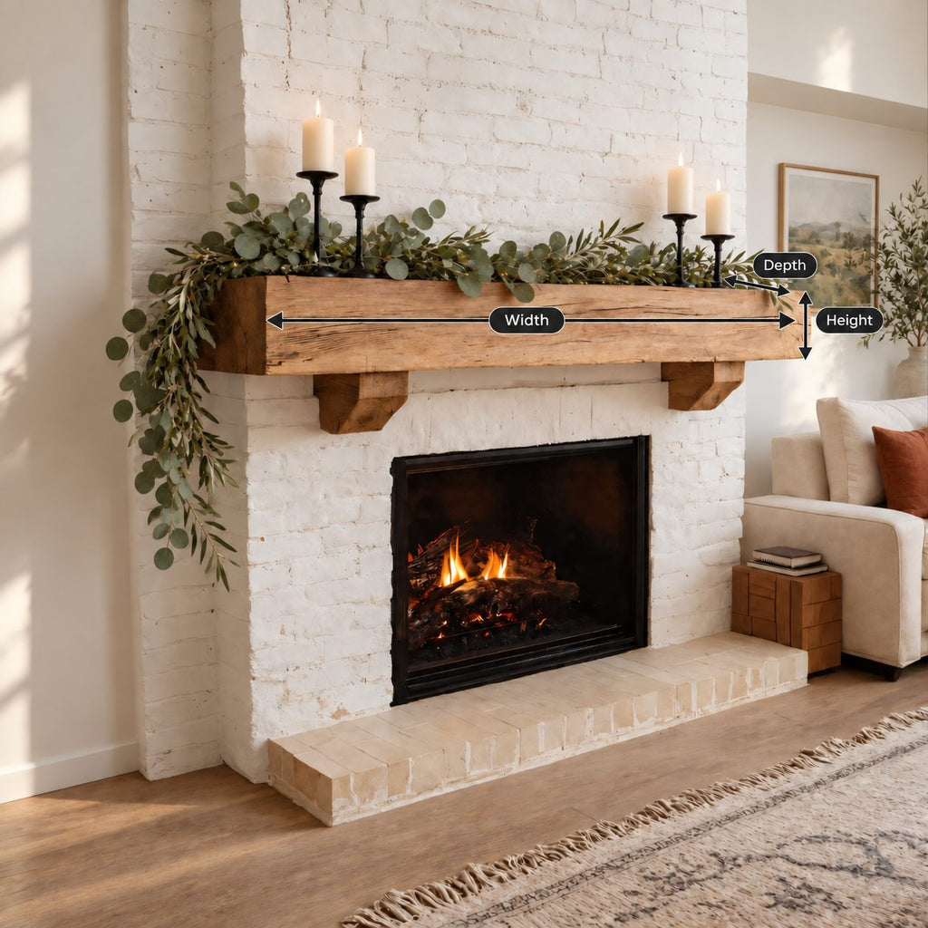 Corbel Bracket Mantel Shelf, Rustic Solid Wood Fireplace Beam with Two Stepped Corbels Underneath