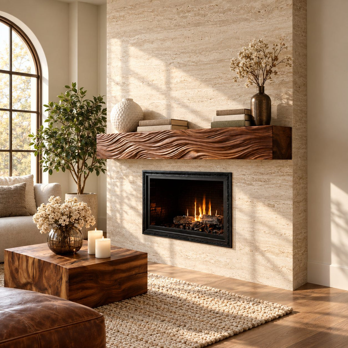 Wind Swept Grain Mantel Shelf, Fine Line Carved Solid Wood Floating Fireplace Beam for Living Room