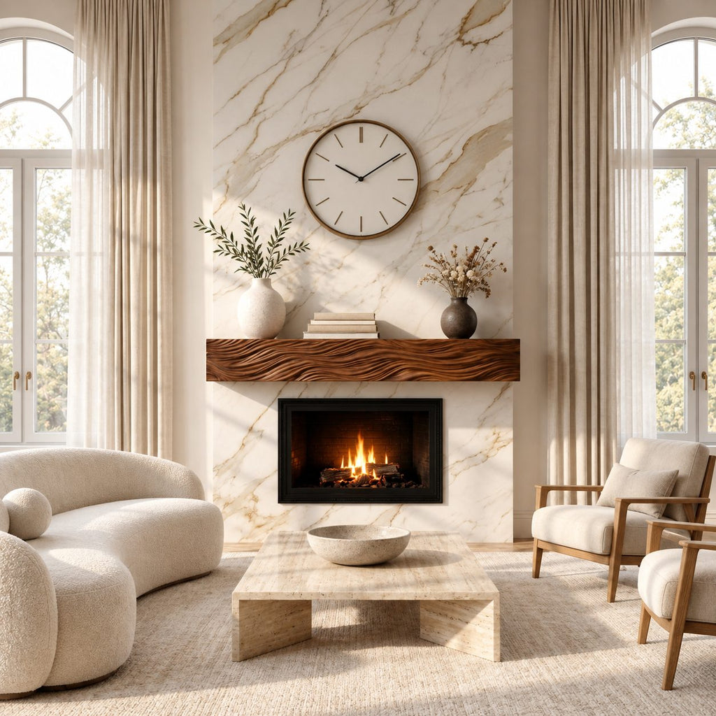 Wind Swept Grain Mantel Shelf, Fine Line Carved Solid Wood Floating Fireplace Beam for Living Room