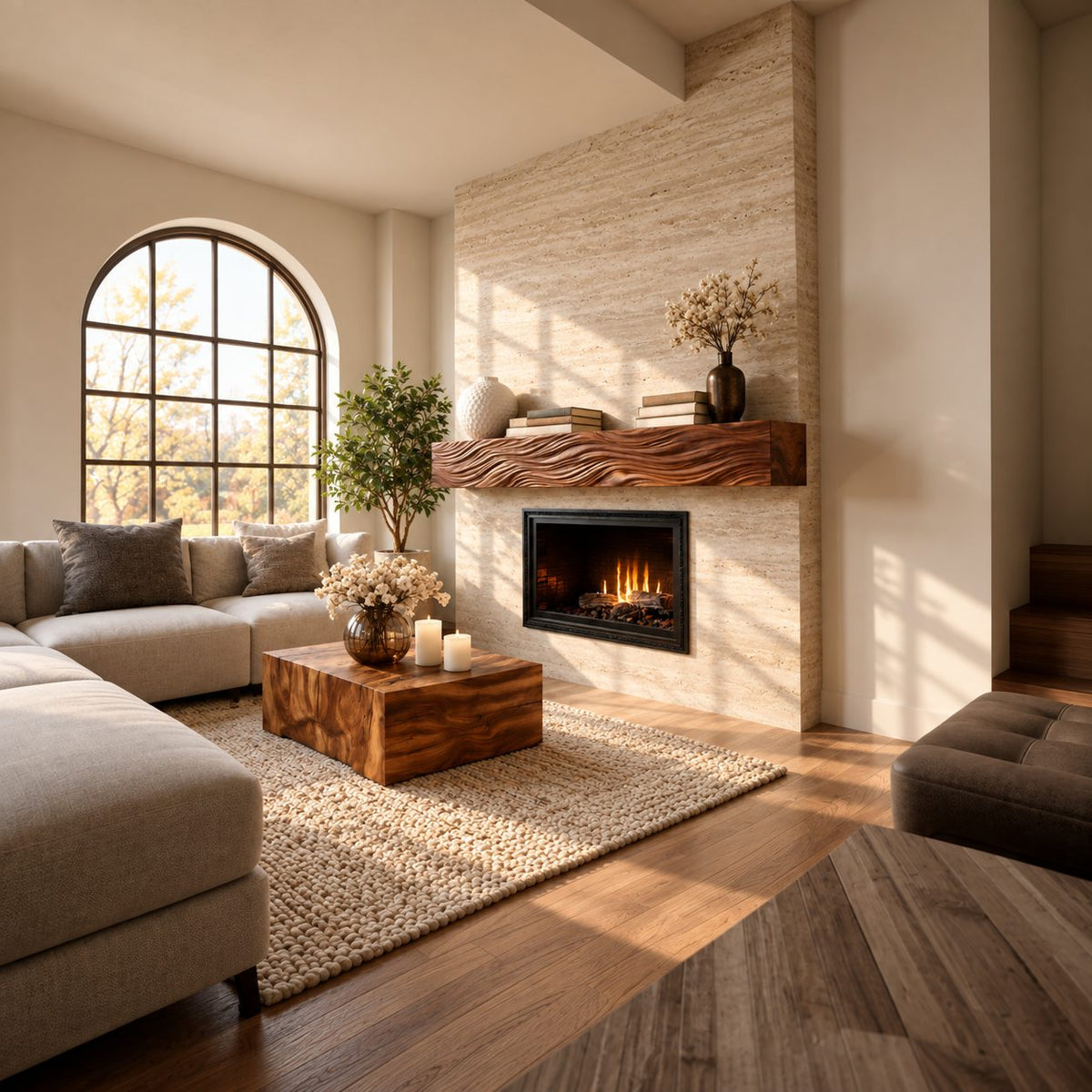 Wind Swept Grain Mantel Shelf, Fine Line Carved Solid Wood Floating Fireplace Beam for Living Room