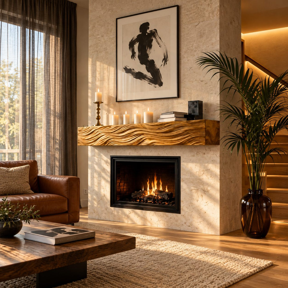 Wind Swept Grain Mantel Shelf, Fine Line Carved Solid Wood Floating Fireplace Beam for Living Room
