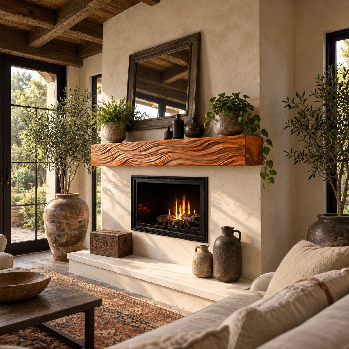 Wind Swept Grain Mantel Shelf, Fine Line Carved Solid Wood Floating Fireplace Beam for Living Room