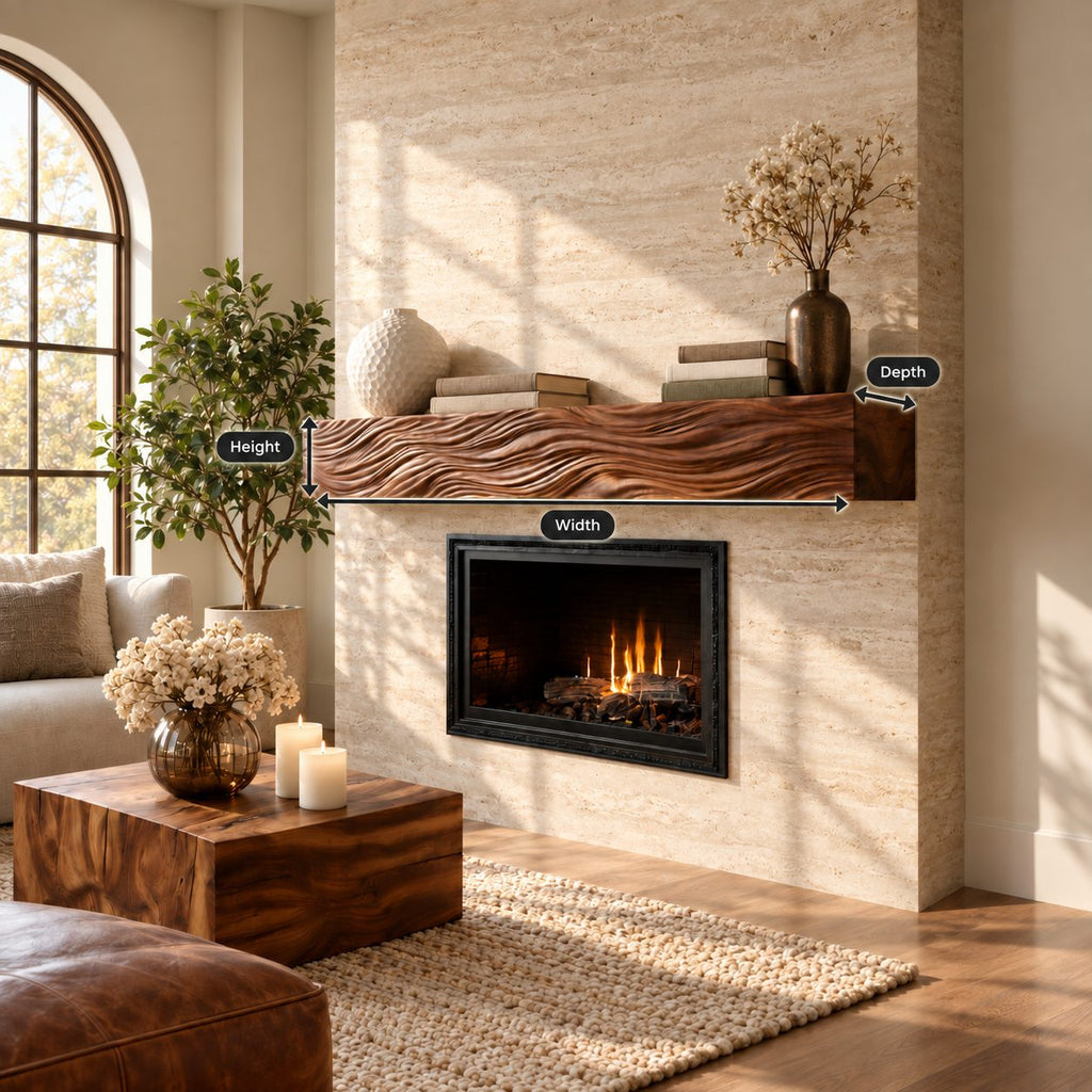 Wind Swept Grain Mantel Shelf, Fine Line Carved Solid Wood Floating Fireplace Beam for Living Room