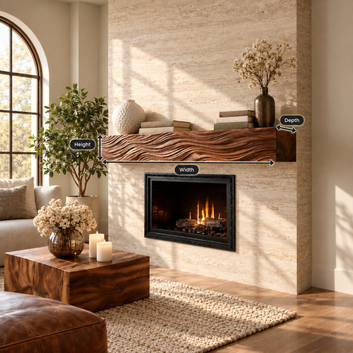 Wind Swept Grain Mantel Shelf, Fine Line Carved Solid Wood Floating Fireplace Beam for Living Room