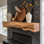 Rough Hewn Log Mantel Shelf, Floating Solid Wood Fireplace Beam with Natural Sculpted Underside