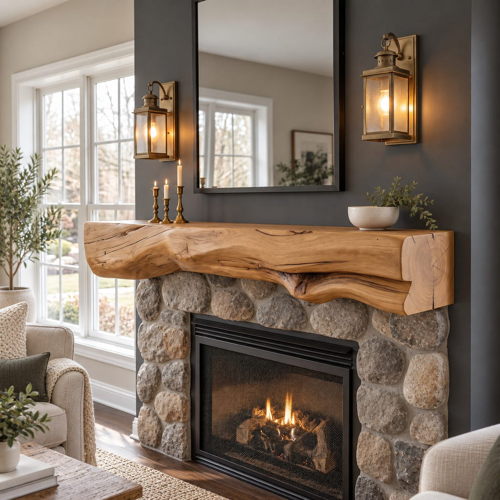 Rough Hewn Log Mantel Shelf, Floating Solid Wood Fireplace Beam with Natural Sculpted Underside