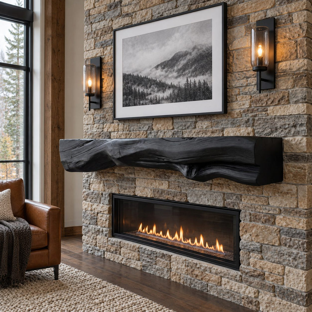 Rough Hewn Log Mantel Shelf, Floating Solid Wood Fireplace Beam with Natural Sculpted Underside